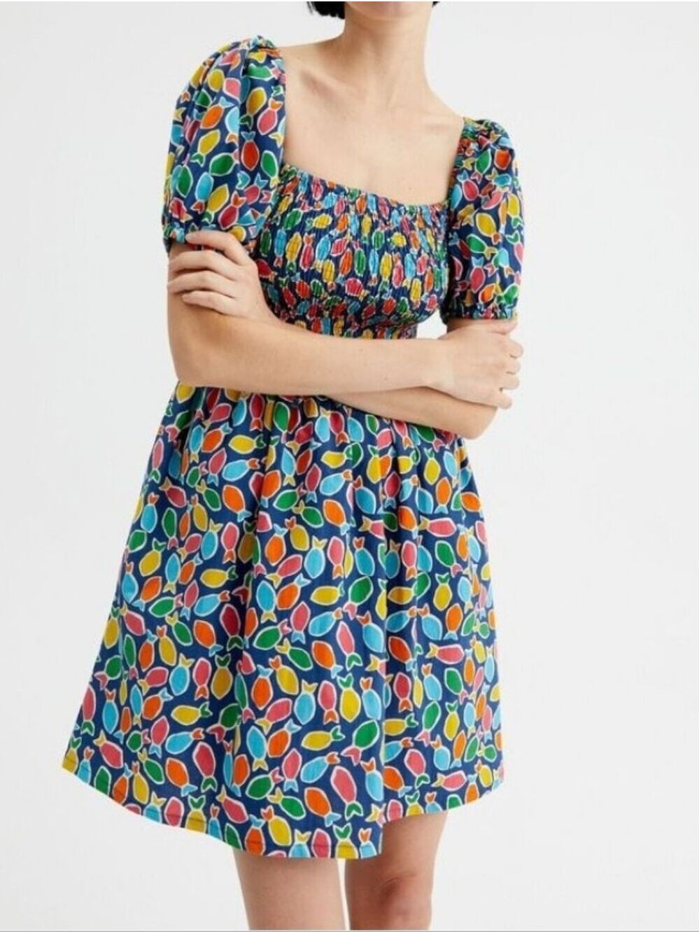 Compania Fantastica Hake Print Honeycomb Smocked Dress Multi Color Size Medium